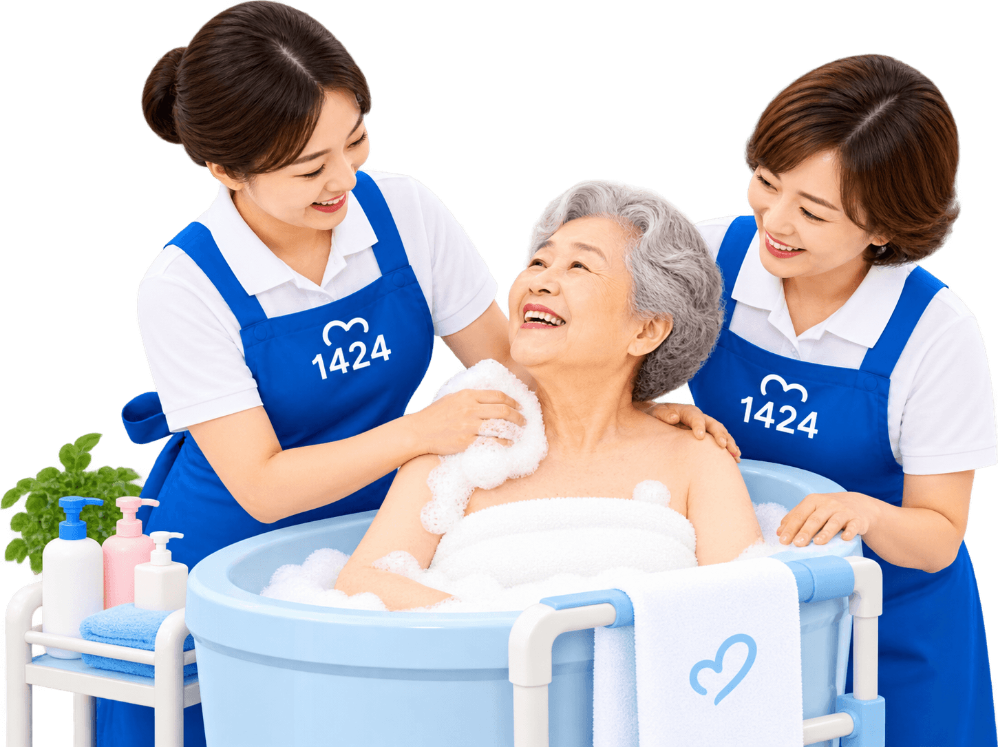 요양보호사 2명이 어르신의 방문목욕을 돕는 모습
